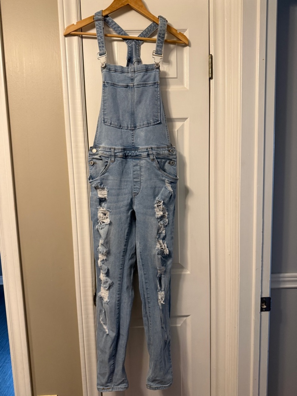 Light Blue Distressed Denim Overalls - Women Jeans - Picture 2 of 6